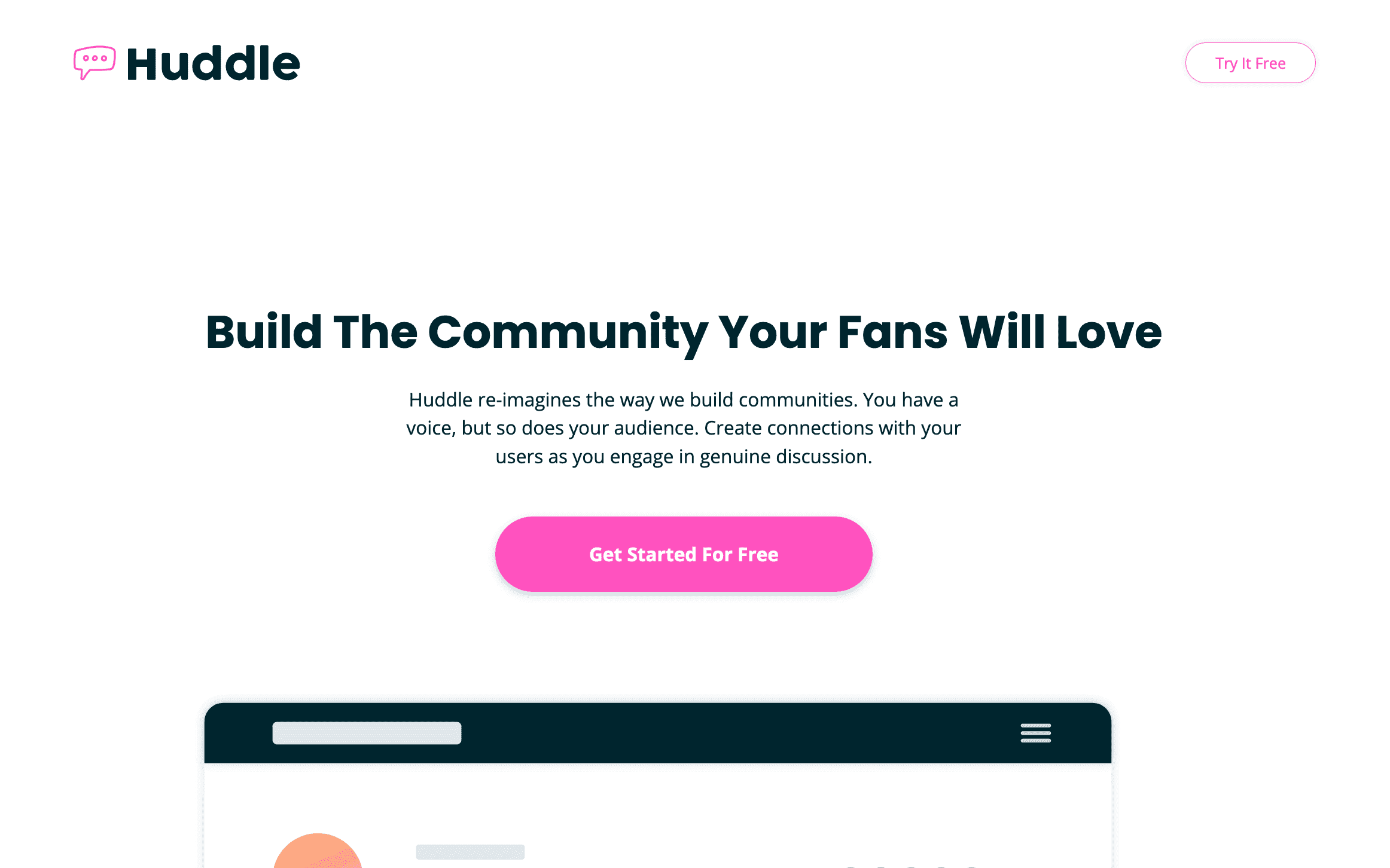 screenshot of huddle landing page with curved sections