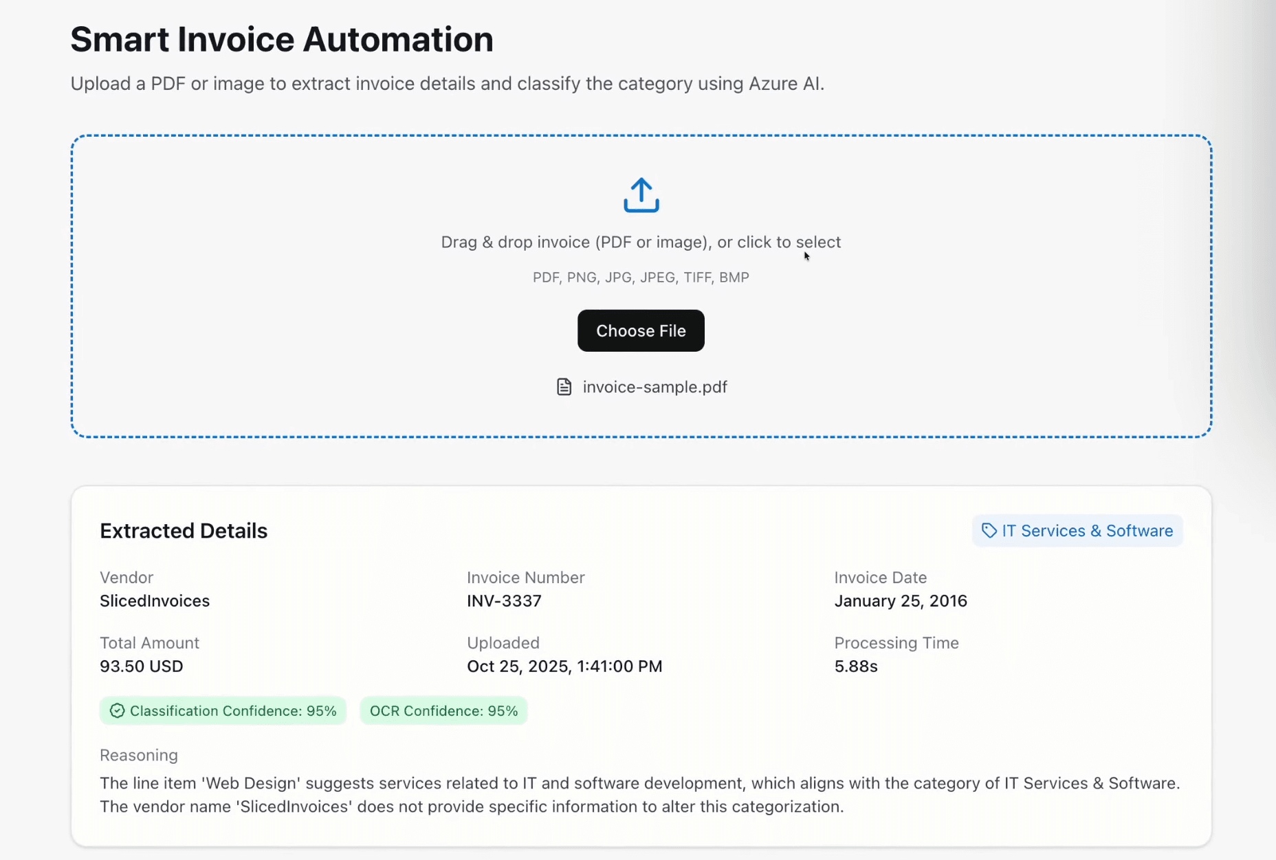 Smart Invoice Automation dashboard showing processed invoices